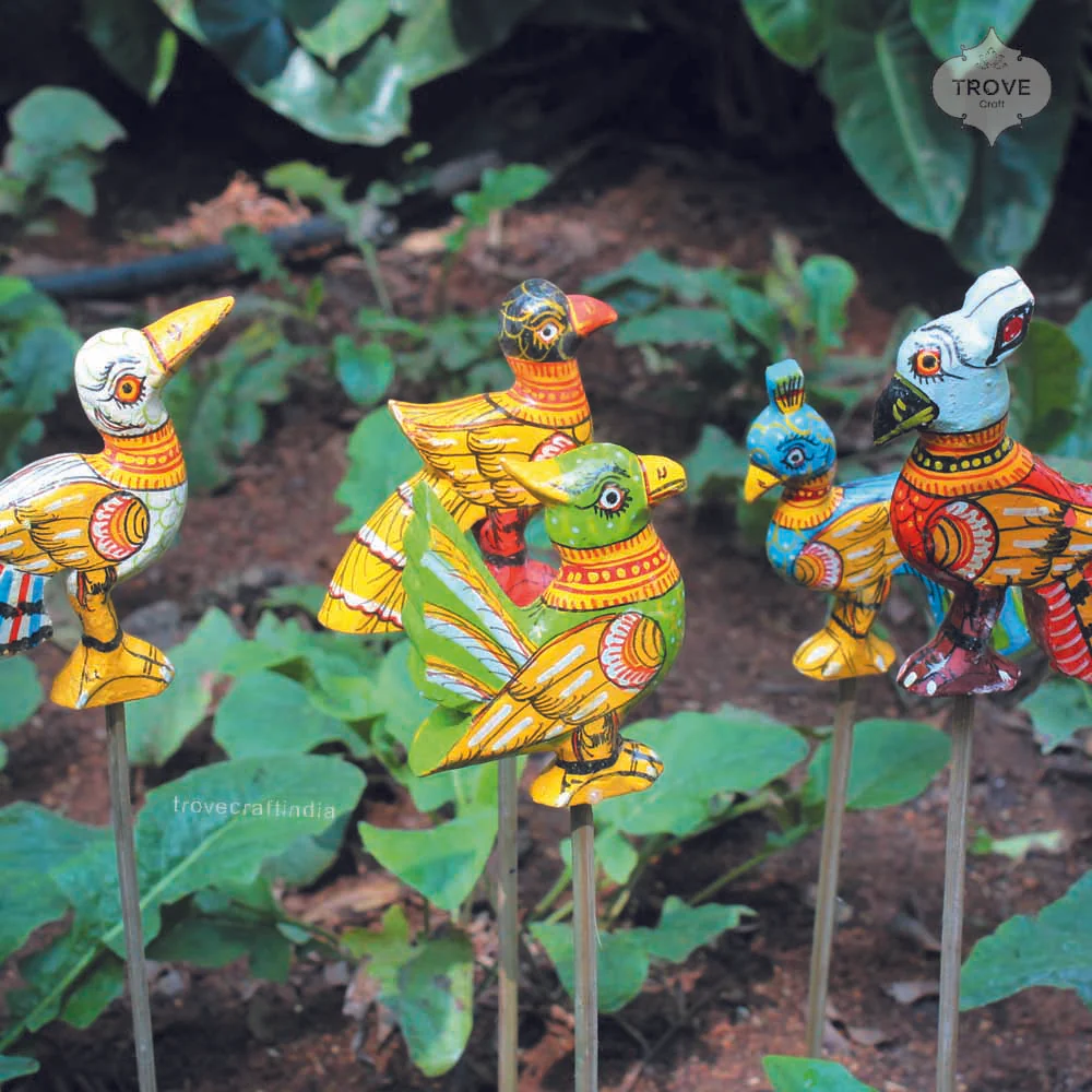 16" Pattachitra Bird Indoor Garden Stakes (Set of 5) - Image 3