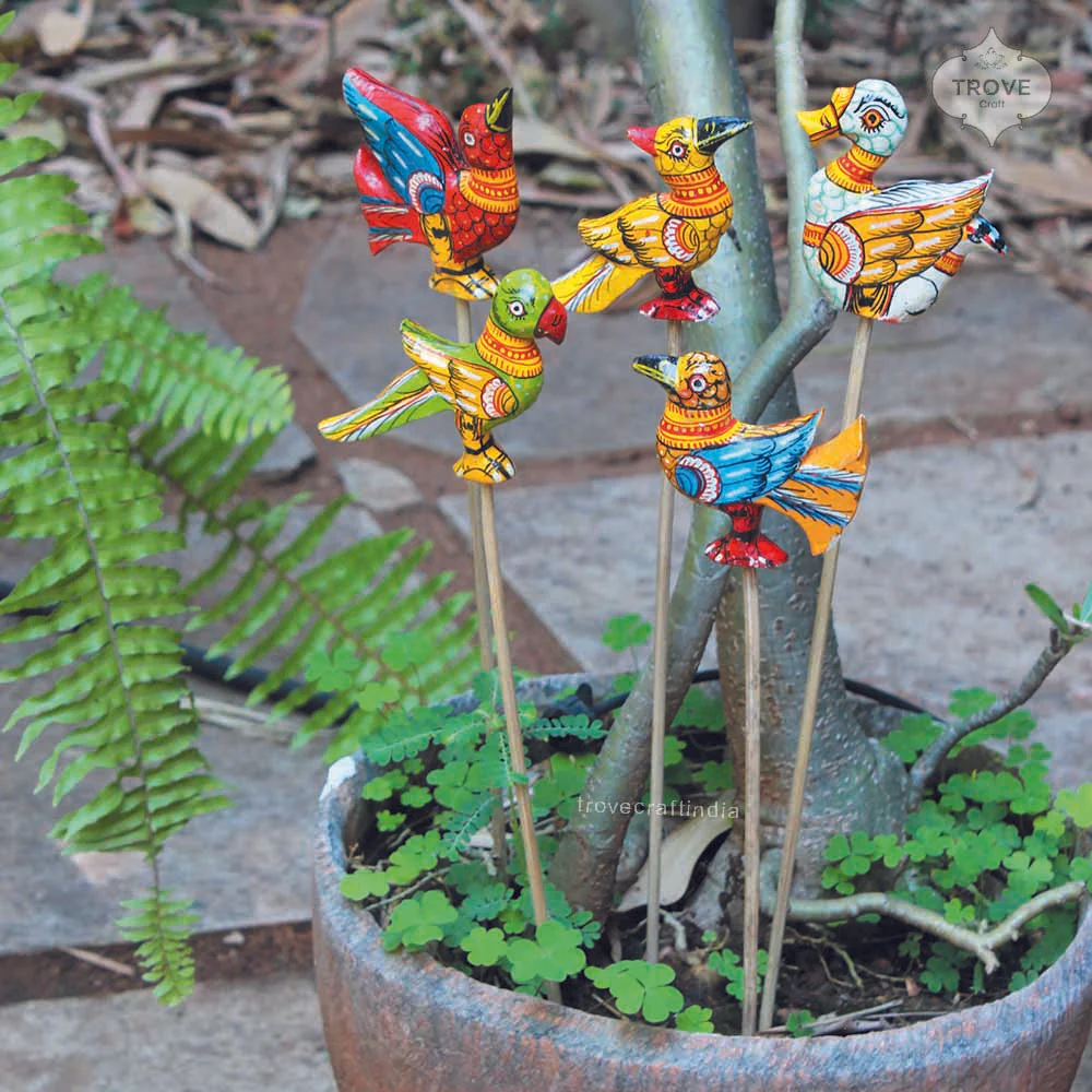 16" Pattachitra Bird Indoor Garden Stakes (Set of 5) - Image 4