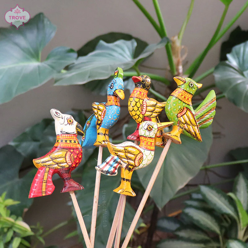 16" Pattachitra Bird Indoor Garden Stakes (Set of 5) - Image 5
