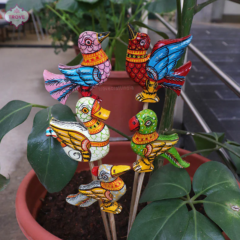 16" Pattachitra Bird Indoor Garden Stakes (Set of 5) - Image 6