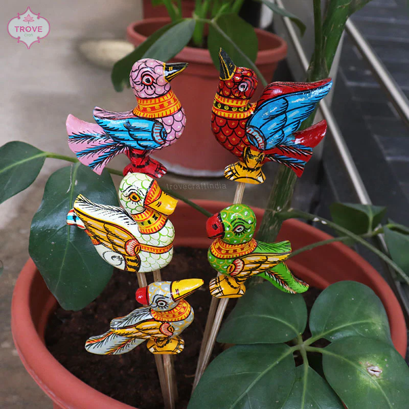 16" Pattachitra Bird Indoor Garden Stakes (Set of 5) - Image 7