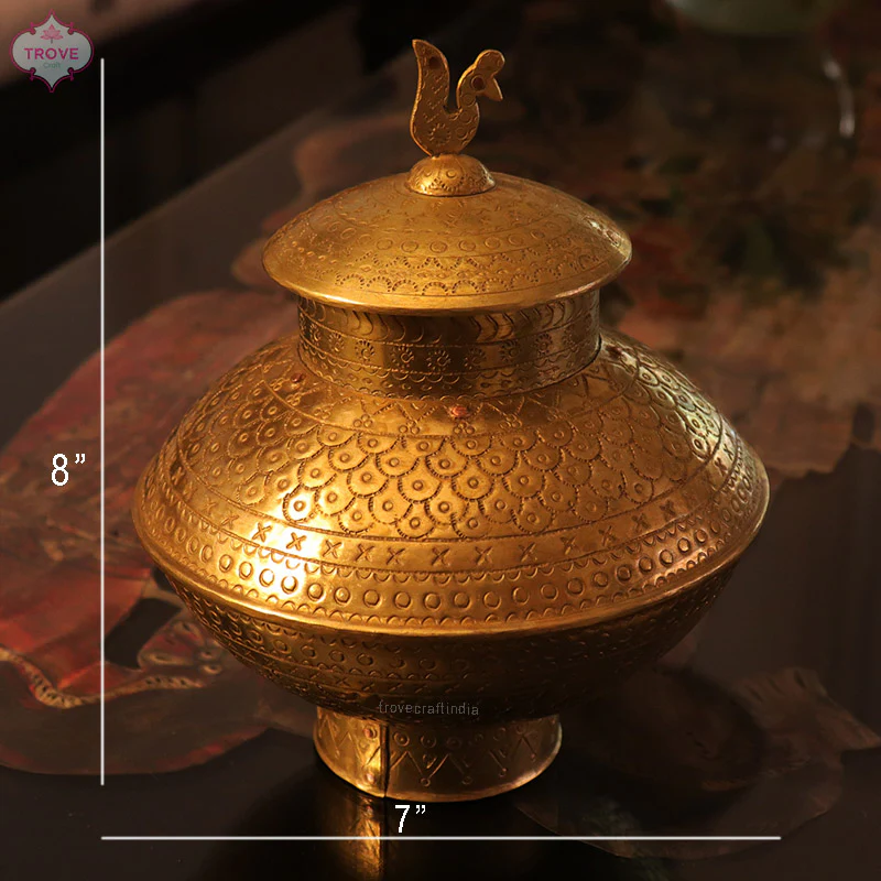 8" Hand-etched Traditional Brass Storage Matka Box - Image 4