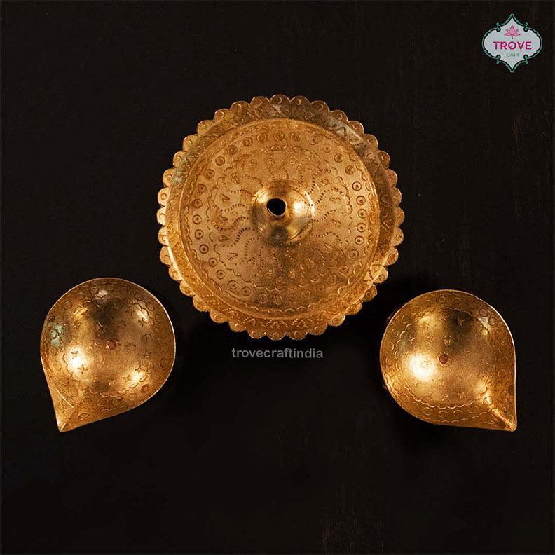 Hand-etched Brass Diya & Incense Holder Set - Image 3