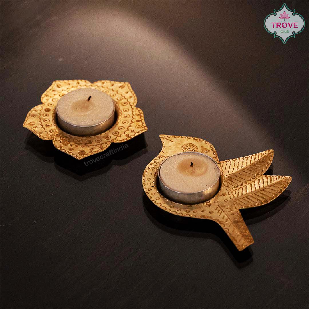 Traditional Hand-etched Brass Bird & Lotus Diya Set - Image 3