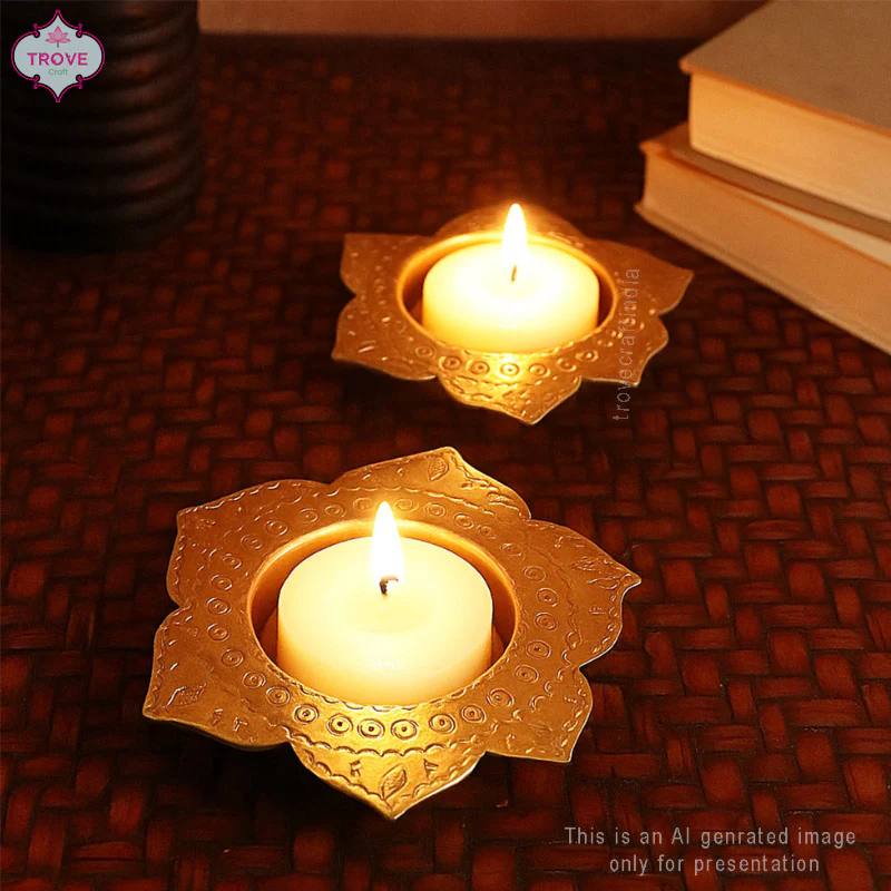 Traditional Hand-etched Brass Bird & Lotus Diya Set - Image 5