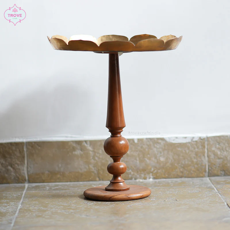 16" x 19" Teak Wood & Lotus Bell Metal ( Brass ) Peg table - Image 4