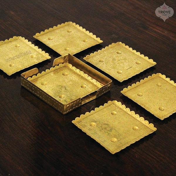 Traditional Brass Hand-etched tea coaster Set of 6 - Image 5